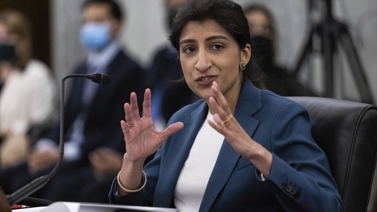 Lina Khan, then the nominee for commissioner of the Federal Trade Commission, speaks a confirmation hearing, April 21, 2021, on Capitol Hill in Washington. (Graeme Jennings/Washington Examiner via AP, Pool, File)