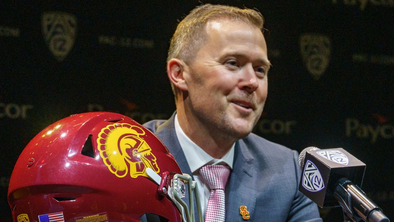 Southern California coach Lincoln Riley speaks during the Pac-12 Conference NCAA college football media day Friday, July 29, 2022, in Los Angeles. (AP Photo/Damian Dovarganes)