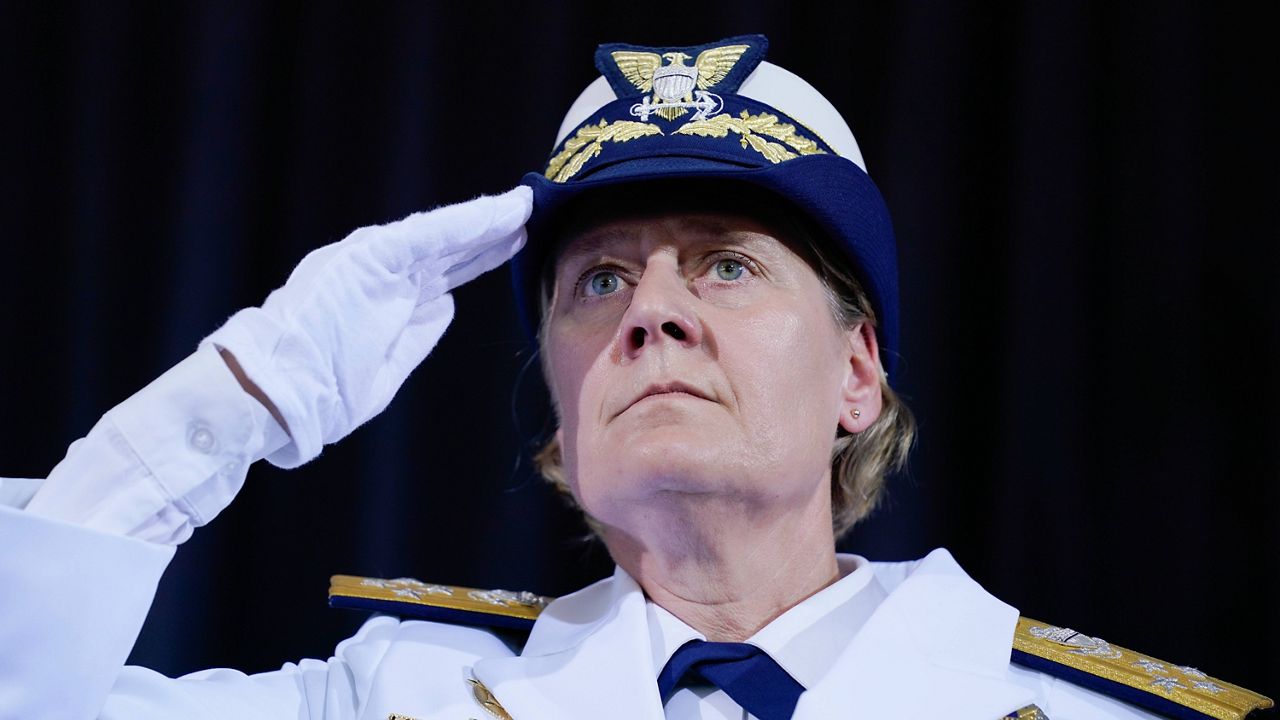 Adm. Linda Fagan attends a change of command ceremony Wednesday at U.S. Coast Guard headquarters in Washington. (AP Photo/Evan Vucci)