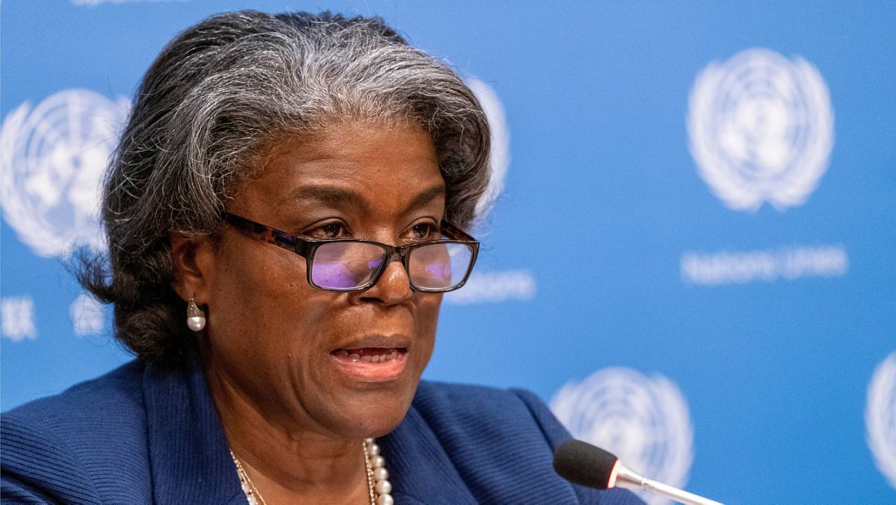 U.S. Ambassador to the United Nations Linda Thomas-Greenfield speaks to reporters during a news conference at United Nations headquarters on March 1, 2021. (AP Photo/Mary Altaffer, File)