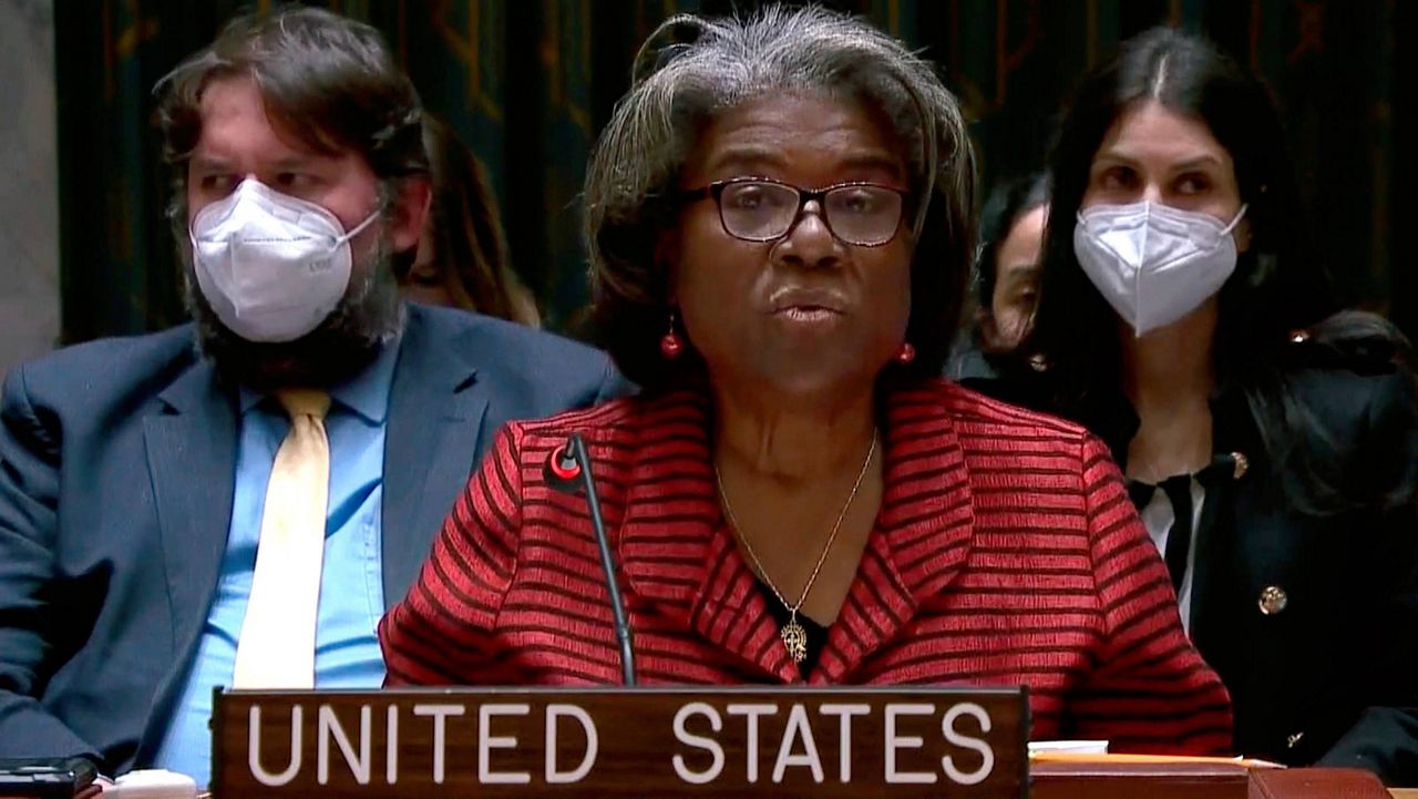 United States Ambassador to the United Nations Linda Thomas-Greenfield speaks during a Security Council meeting Friday at U.N. headquarters. (UNTV via AP)