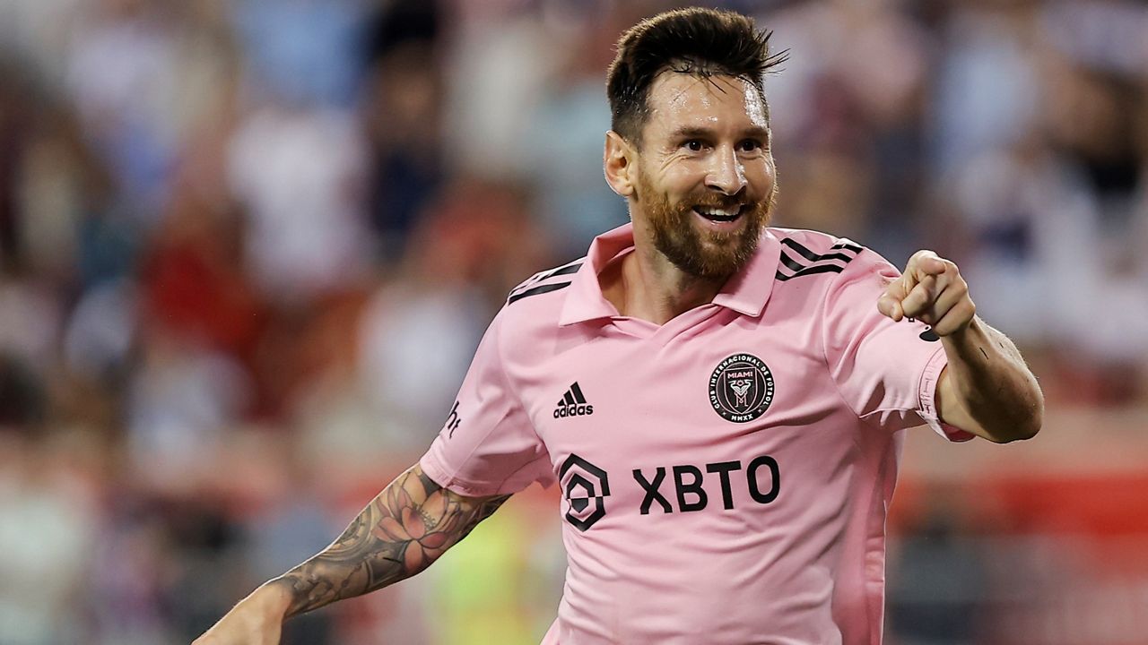 Inter Miami forward Lionel Messi celebrates after his goal against the New York Red Bulls during an MLS soccer match at Red Bull Arena, Saturday, Aug. 26, 2023, in Harrison, N.J. (AP Photo/Eduardo Munoz Alvarez)