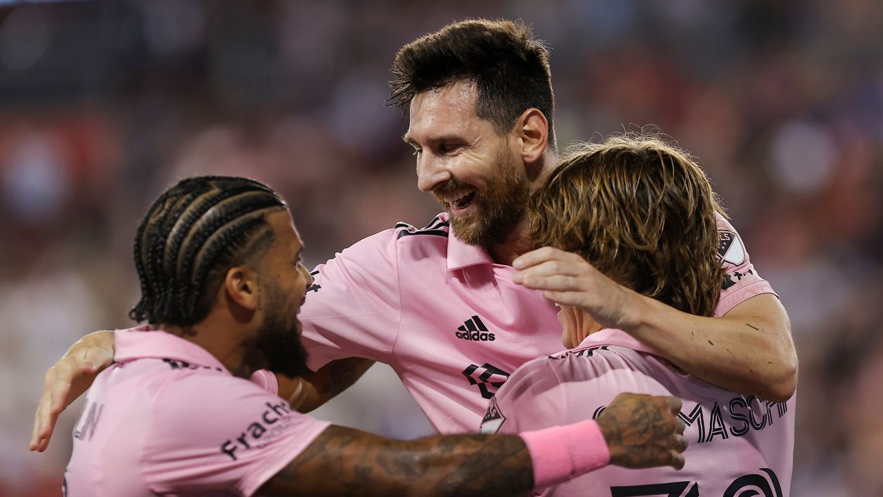 Lionel Messi celebrates with teammates after scoring a goal at Red Bull Arena on Saturday, Aug. 26, 2023 in Harrison.