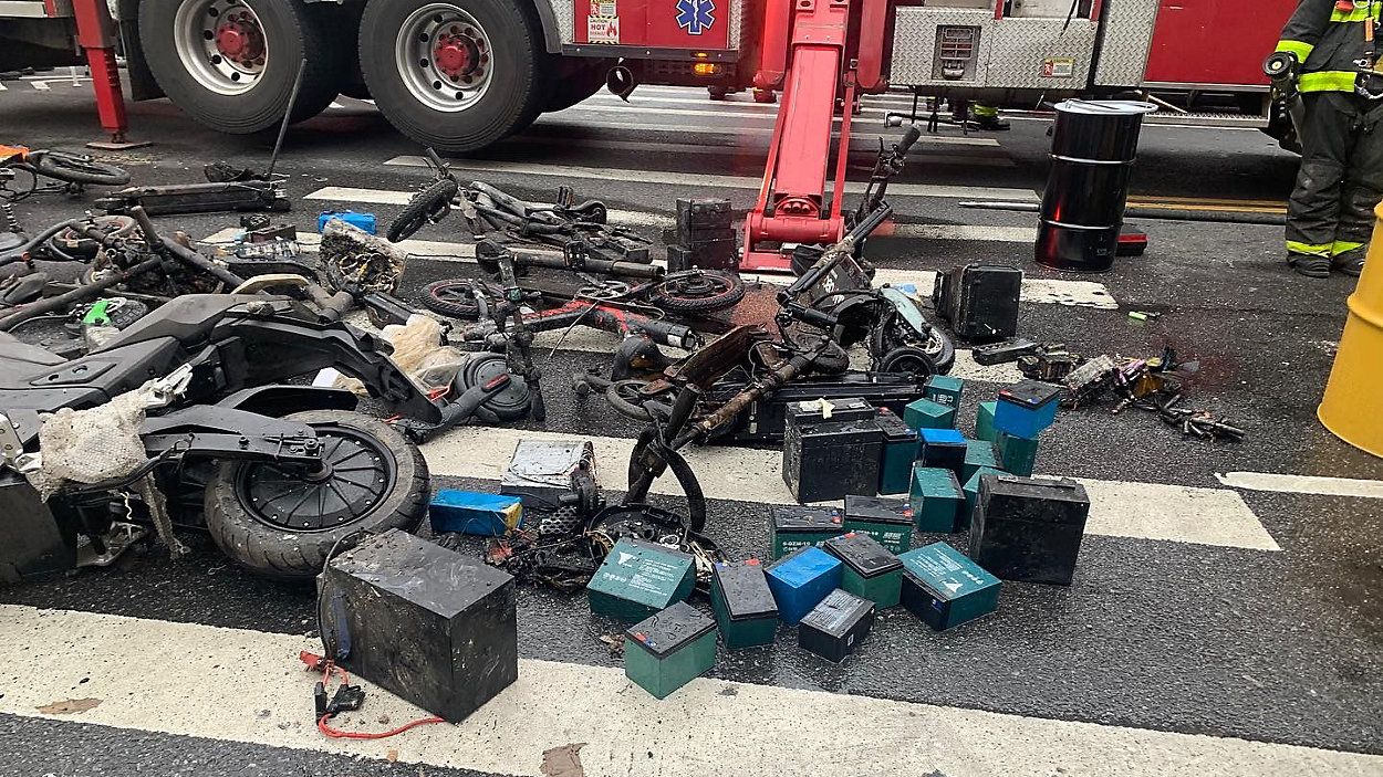 Lithium-ion batteries from electronic bikes and electronic scooters caused a fire this May 2022 in Sunset Park. (FDNY)