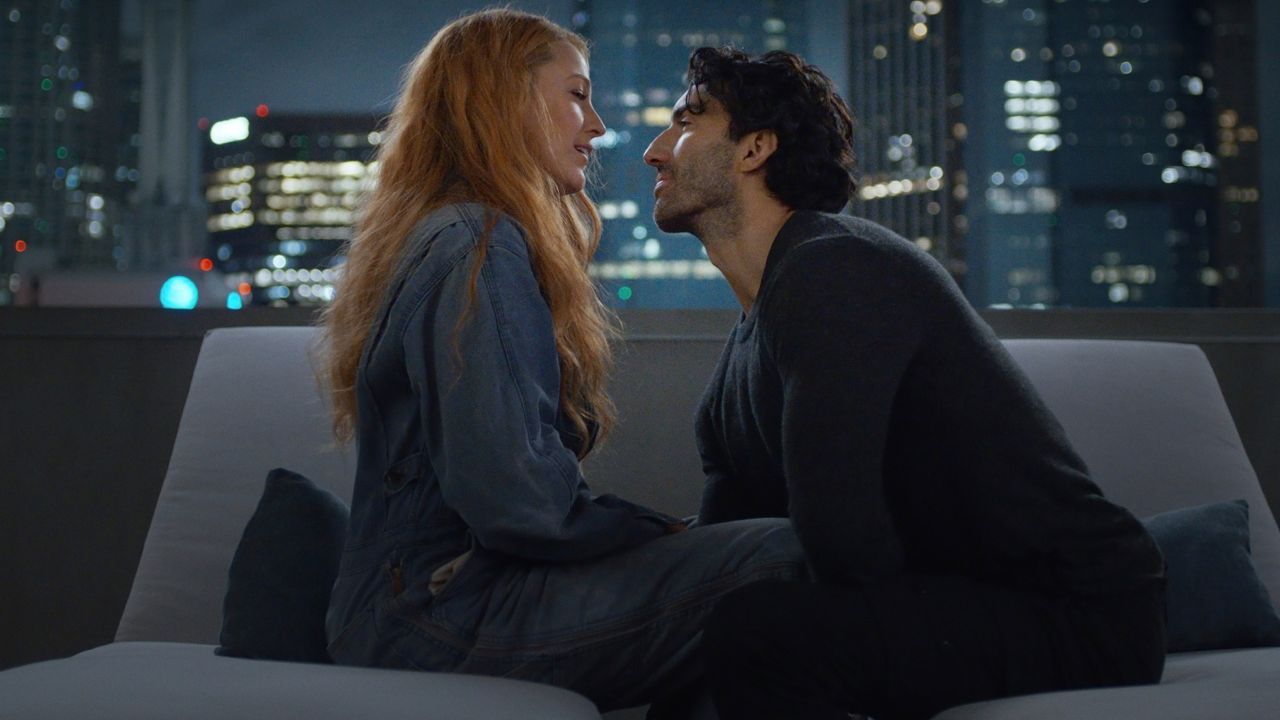 This image released by Sony Pictures shows Justin Baldoni, right, and Blake Lively in a scene from "It Ends With Us." (Nicole Rivelli/Sony Pictures via AP)