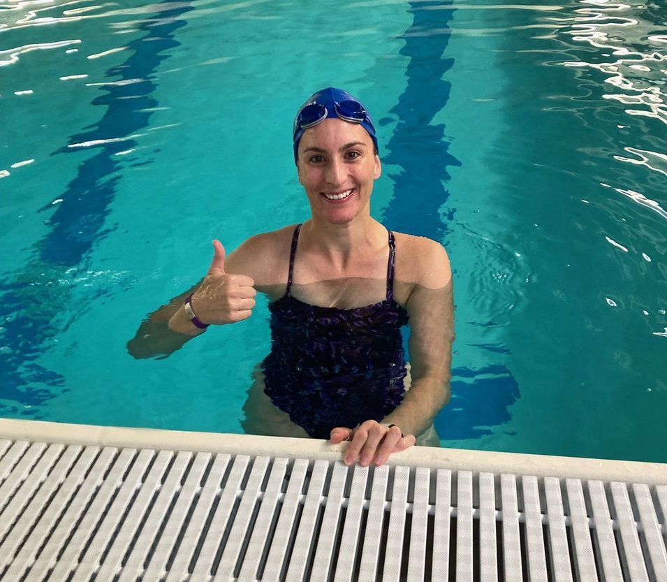 Cincinnati City Council member Liz Keating poses at a CRC pool after her swimming assessment. (Photo courtesy of Liz Keating)
