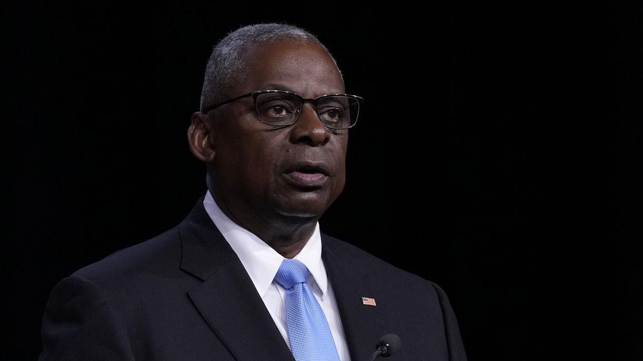 Defense Secretary Lloyd Austin speaks during a news conference at the United States Naval Academy in Annapolis, Md., Tuesday, Aug. 6, 2024. (AP Photo/Susan Walsh)