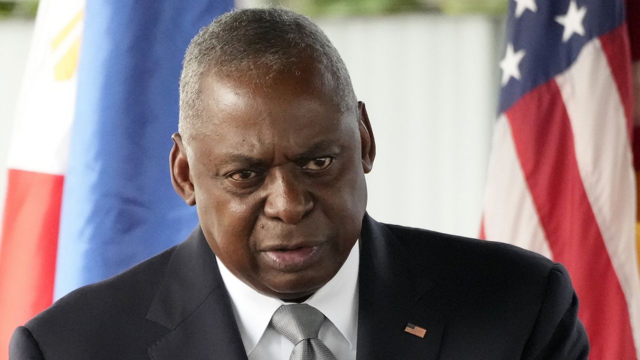 U.S. Defense Secretary Lloyd Austin delivers a speech during a groundbreaking ceremony for the Combined Coordination Center at Camp Aguinaldo military headquarters in Quezon City, Philippines Monday, Nov. 18, 2024. (AP Photo/Aaron Favila)