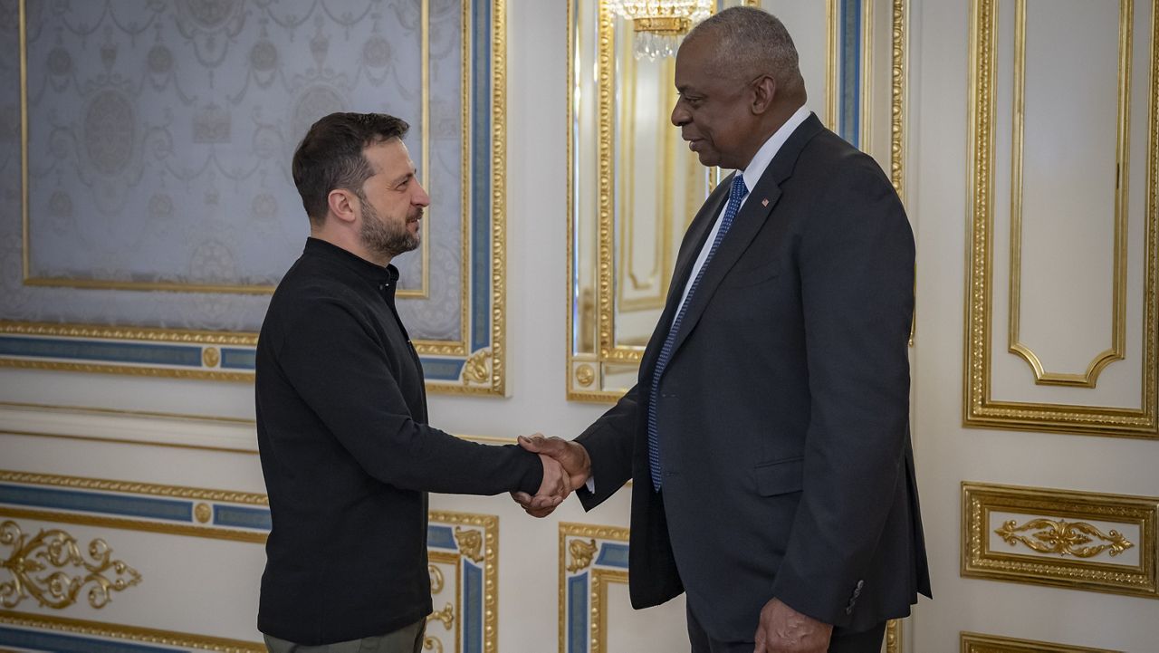 U.S. Secretary of Defense Lloyd Austin, right, and Ukrainian President Volodymyr Zelenskyy shake hands during their meeting in Kyiv, Ukraine, on Oct. 21, 2024. (Press Service Of The President Of Ukraine via AP)