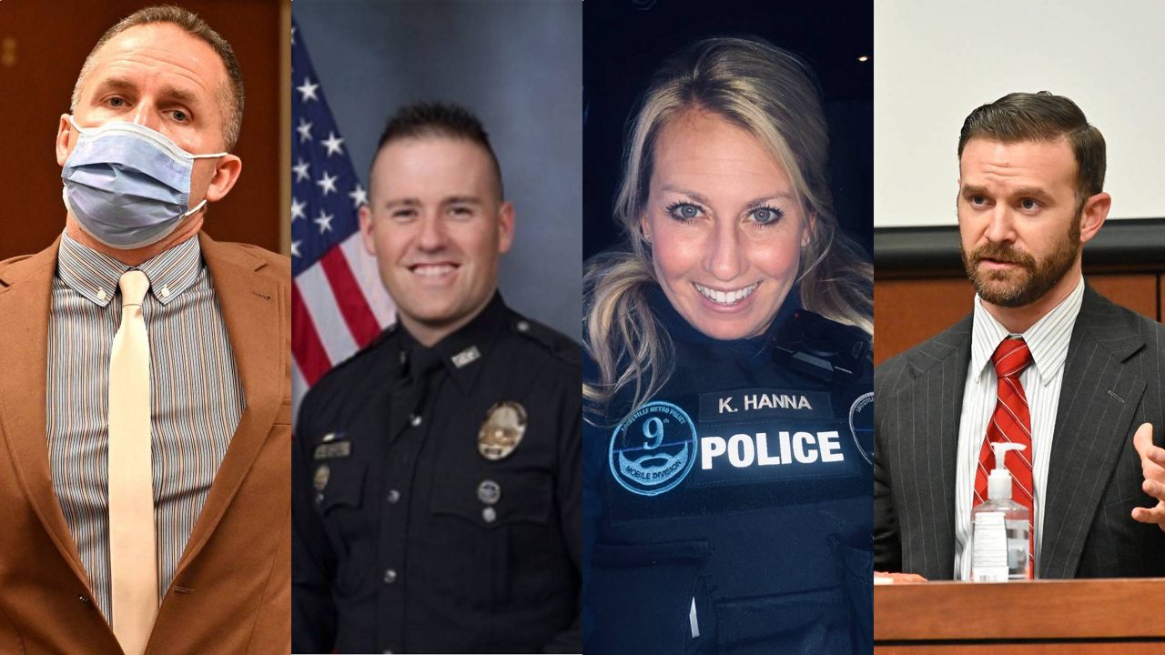 Left to right: Brett Hankison, Joshua Jaynes, Kelly Hanna Goodlett and Kyle Meany. The former detectives and sergeant, Meany, have been indicted by the FBI. (AP, LMPD, Provided)