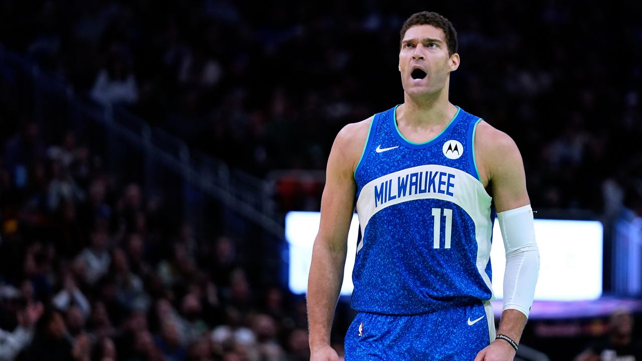 Milwaukee Bucks' Brook Lopez reacts during the second half of the team's NBA basketball In-Season Tournament game against the Washington Wizards on Friday, Nov. 24, 2023, in Milwaukee