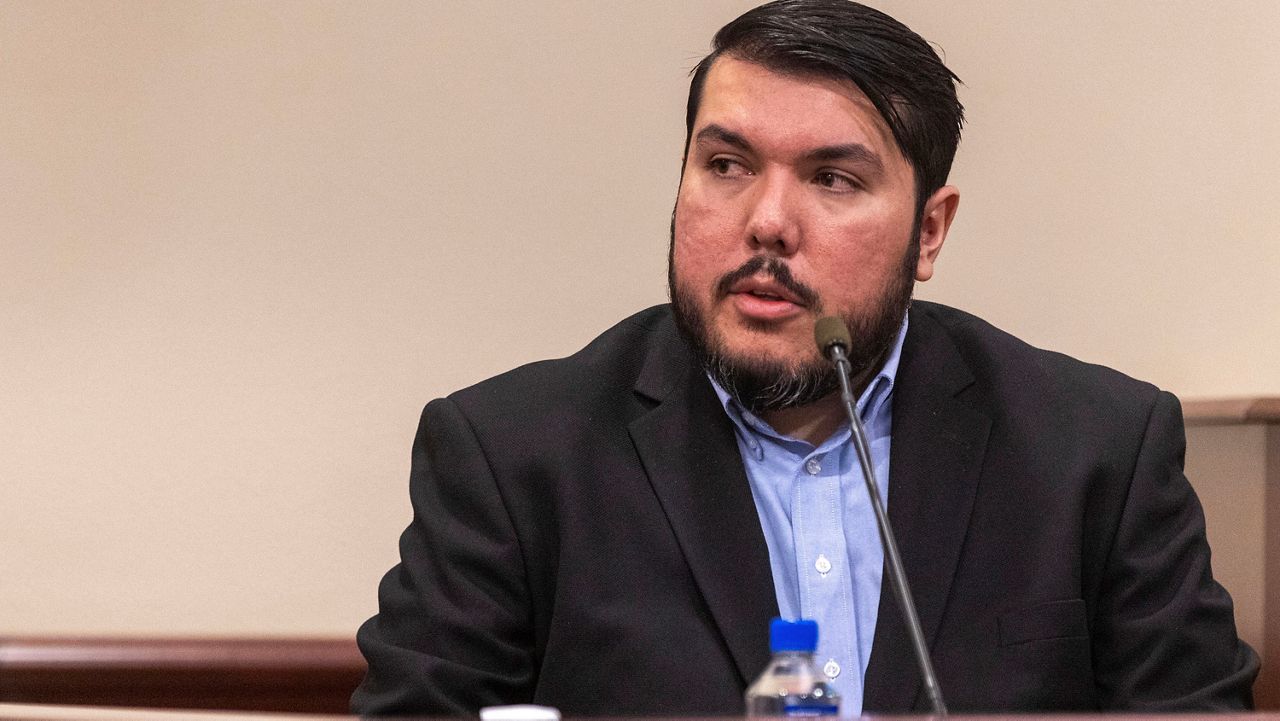 Lorenzo Montoya, compliance officer with OSHA, testifies during “Rust” movie armorer Hannah Gutierrez-Reed’s involuntary manslaughter trial Tuesday at the First Judicial District Courthouse in Santa Fe, N.M. (Luis Sánchez Saturno/Santa Fe New Mexican via AP)