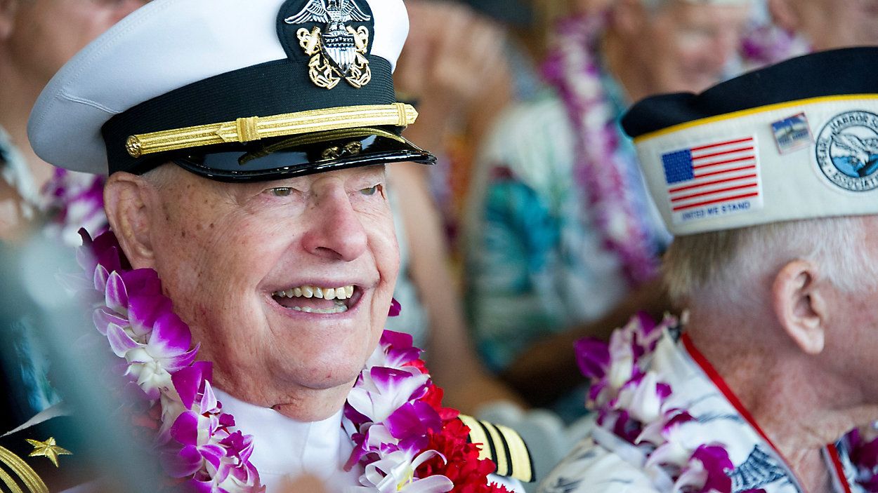 Lou Conter, an Arizona crewman, attends ceremonies for the 75th anniversary of the Japanese attack on Pearl Harbor, Dec. 7, 2016, in Honolulu. Conter, the last living survivor of the USS Arizona battleship that exploded and sank during the Japanese bombing of Pearl Harbor, died on Monday, April 1, 2024, following congestive heart failure, his daughter said. He was 102. (Craig T. Kojima/Honolulu Star-Advertiser via AP, Pool, File)