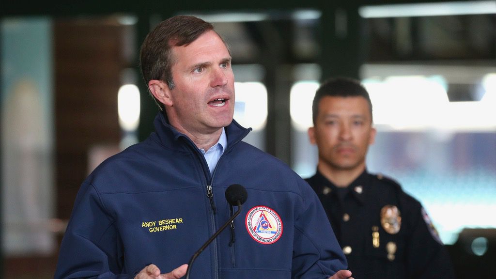 Kentucky Gov. Andy Beshear speaks during a press conference after a shooting took place in Louisville, Ky., Monday, April 10, 2023. (Michael Clevenger/Courier Journal via AP)