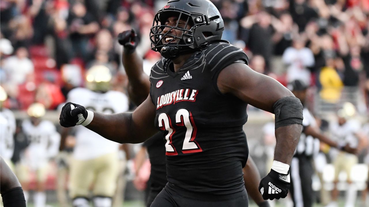 Louisville linebacker Yasir Abdullah (22) celebrates after recovering a fumble during the second half of an NCAA college football game against Wake Forest in Louisville, Ky., Saturday, Oct. 29, 2022. (AP Photo/Timothy D. Easley)