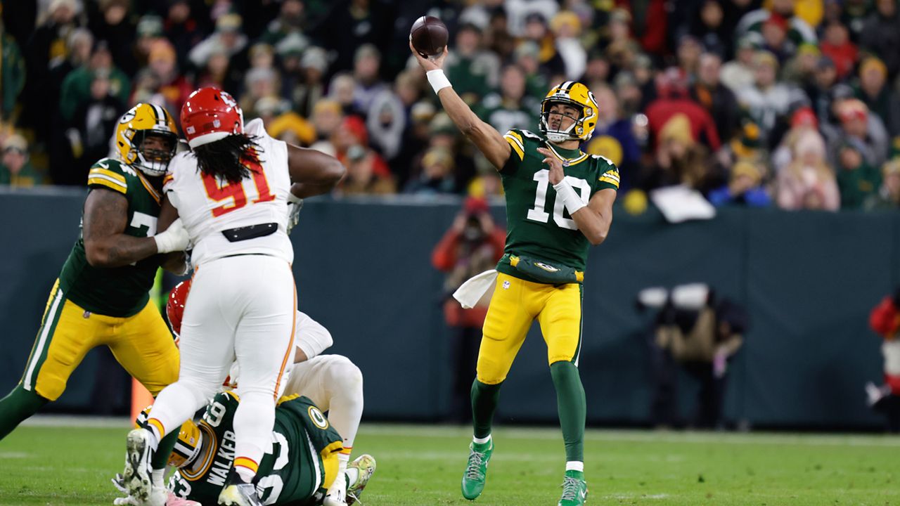 Green Bay Packers quarterback Jordan Love (10) throws against the Kansas City Chiefs during the first half of an NFL football game