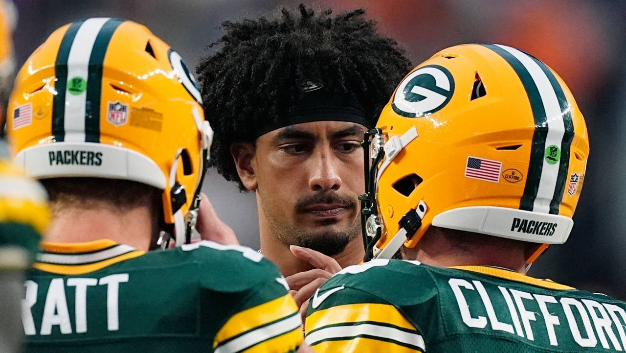 Green Bay Packers quarterback Jordan Love, quarterback Michael Pratt and quarterback Sean Clifford