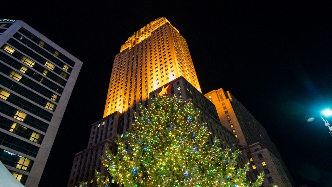 A look up at the Macy's Holiday Tree and Carew Tower in downtown Cincinnati (Provided)