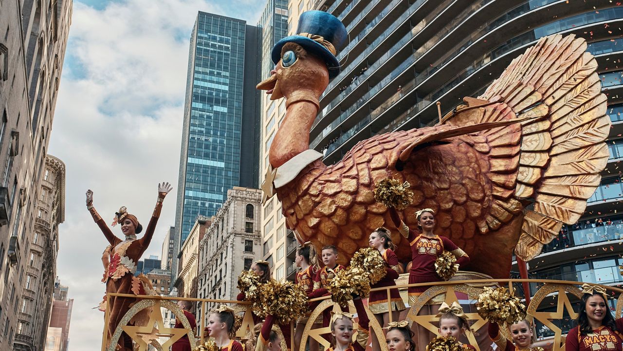 Tom Turkey float moves along near Central Park during the Macy's Thanksgiving Day Parade in New York, Thursday, Nov. 23, 2023, in New York (AP Photo/Andres Kudacki)