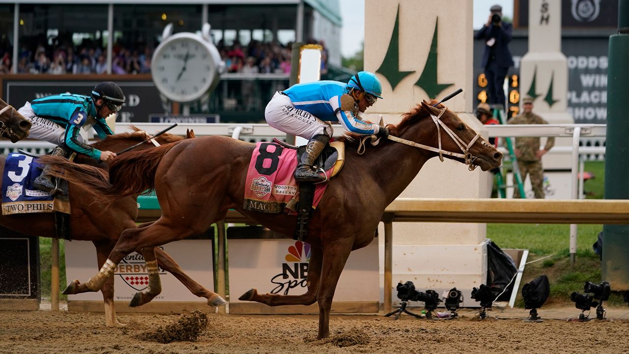 A close-up of the winner of the 2023 Kentucky Derby winning crossing the finish line. (AP)