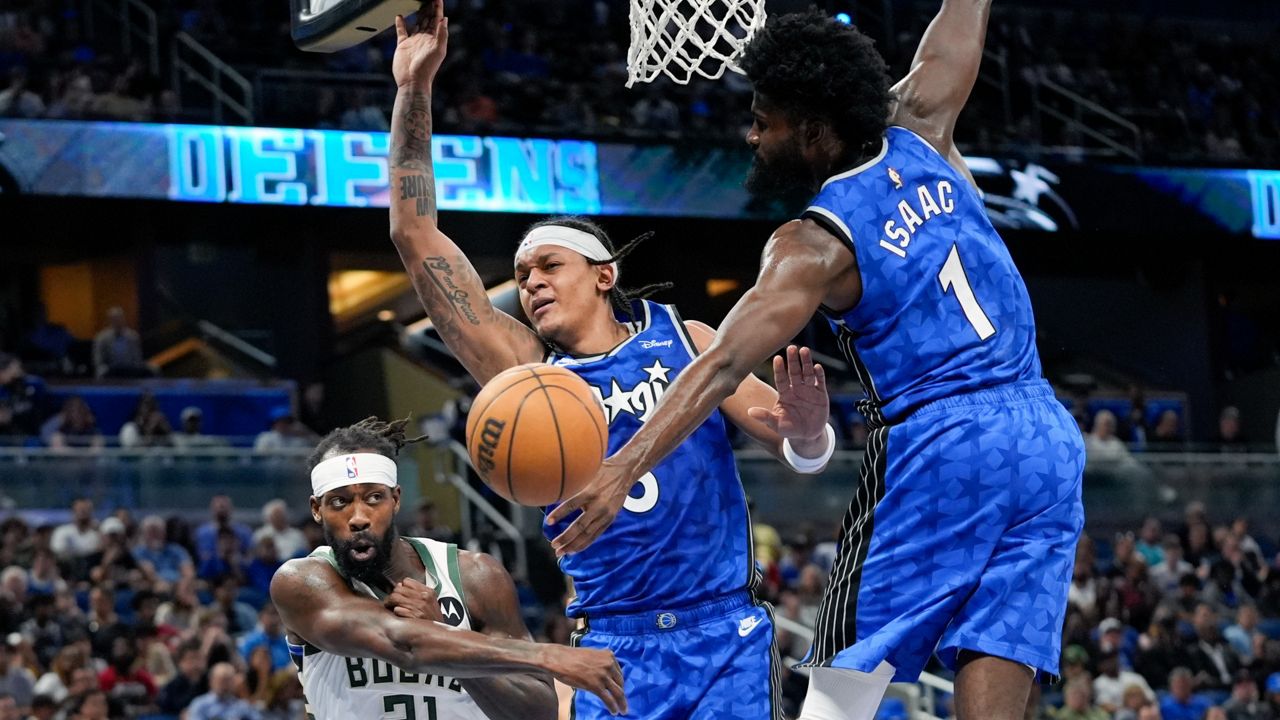 The Magic secured the No, 5 seeding in the 2024 NBA playoffs with a 113-88 victory against the Bucks on Sunday, April 14 at Kia Center. (AP Photo/John Raoux)