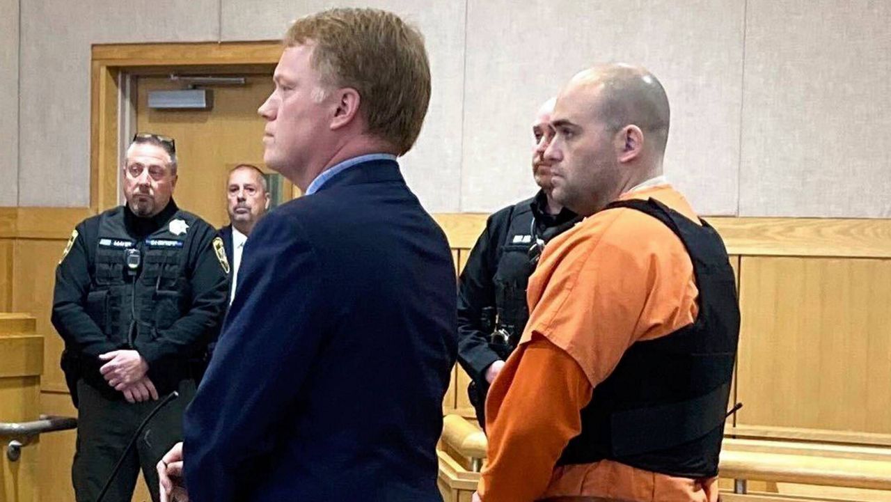 Joseph Eaton, the suspect in a shooting spree in Maine, appears in court in West Bath, Maine, Thursday, April 20, 2023. Eaton, who police say confessed to killing four people in a home and then shot three others randomly on a busy highway Tuesday, had been released days earlier from prison. (AP Photo/Patrick Whittle)