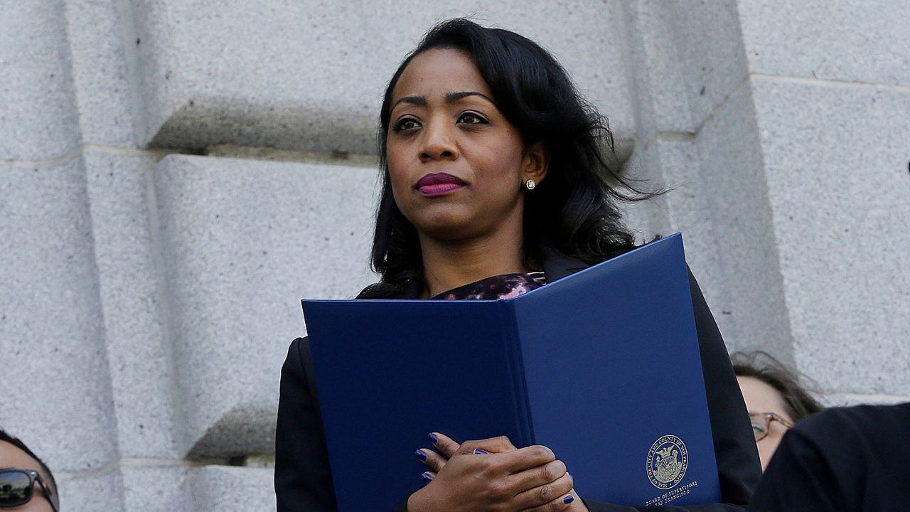 Malia Cohen listens to speakers during a news conference in San Francisco, May 12, 2016. (AP Photo/Jeff Chiu, File)