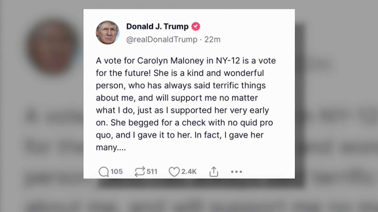 Former President Donald Trump posted a sarcastic endorsement of Rep. Carolyn Maloney, attacking her and Rep. Jerry Nadler Wednesday. (NY1 Photo/Truth Social)