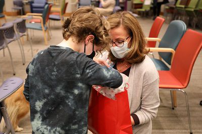 Dr. Patty Manning gives Jonah, age 6, a goody bag for being first in line. (Provided: Cincinnati Children's Hospital Medical Center)