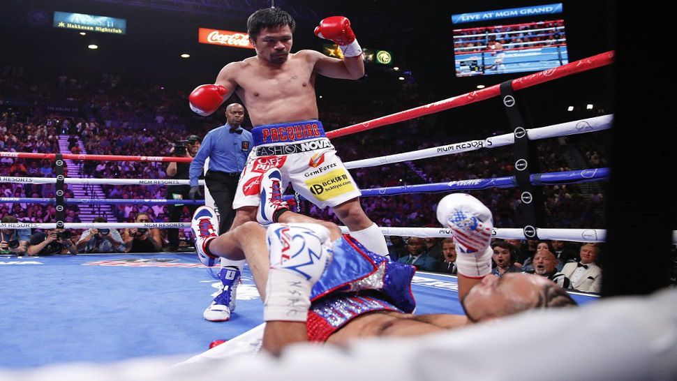 Manny Pacquiao knocked down Keith Thurman in the first round of Saturday night's fight in Las Vegas.