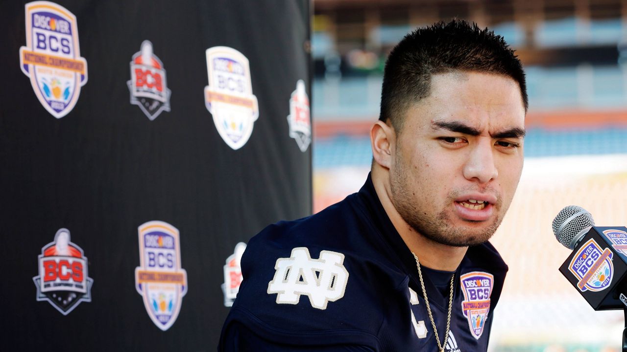 Former Notre Dame linebacker Manti Te'o, seen in a Jan. 5, 2013, file photo answering a question before the BCS National Championship, is the subject of a new Netflix two-part documentary that was released Tuesday.