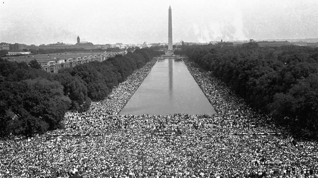 Crowds are shown in front of the Washington Monument during the March on Washington for civil rights, August 28, 1963. (AP Photo)