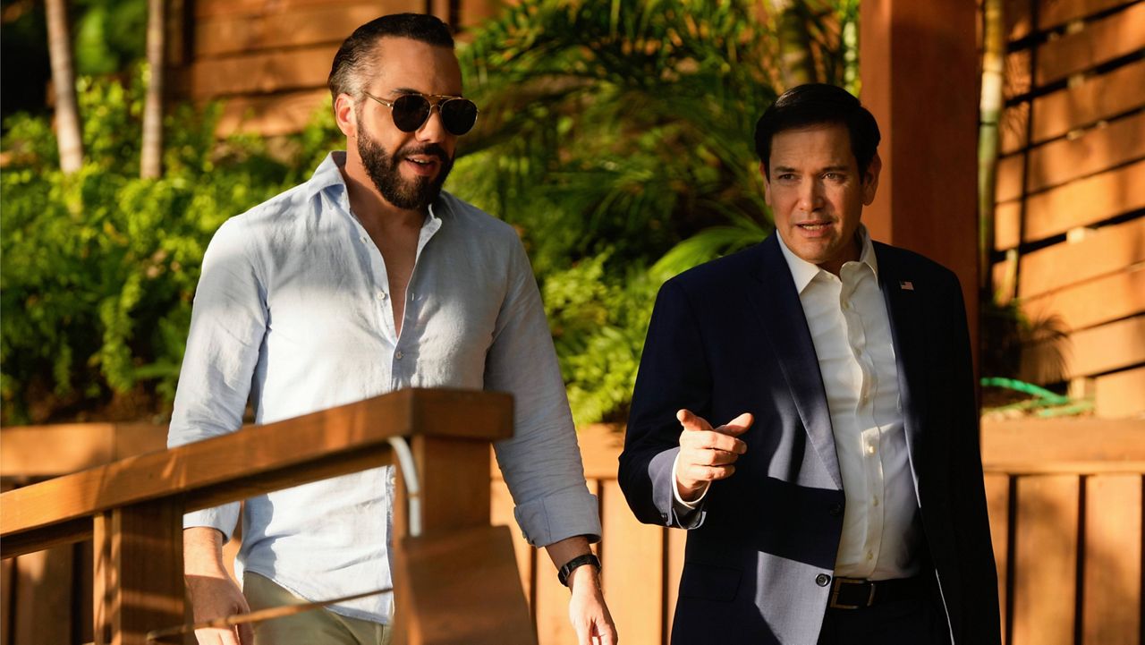 U.S. Secretary of State Marco Rubio meets with President Nayib Bukele at his residence at Lake Coatepeque in El Salvador, Monday, Feb. 3, 2025. (AP Photo/Mark Schiefelbein, Pool)