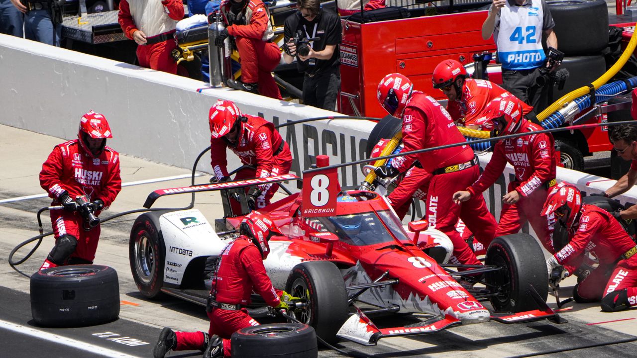 Marcus Ericsson, of Sweden, wins the Indianapolis 500.  Here he makes a pit stop during the race at Indianapolis Motor Speedway in Indianapolis, Sunday, May 29, 2022. (AP Photo/AJ Mast)