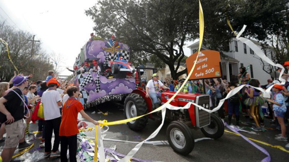 A float makes its way through the streets during the Krewe of Thoth Mardi Gras parade in New Orleans, Sunday, Feb. 11, 2018. (AP photo/Gerald Herbert)