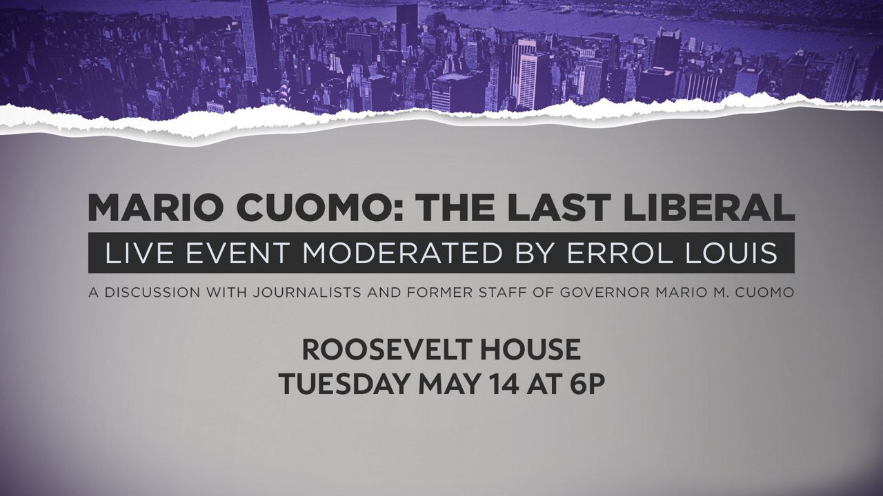 A graphic with details for the "Mario Cuomo: The Last Liberal" live event.