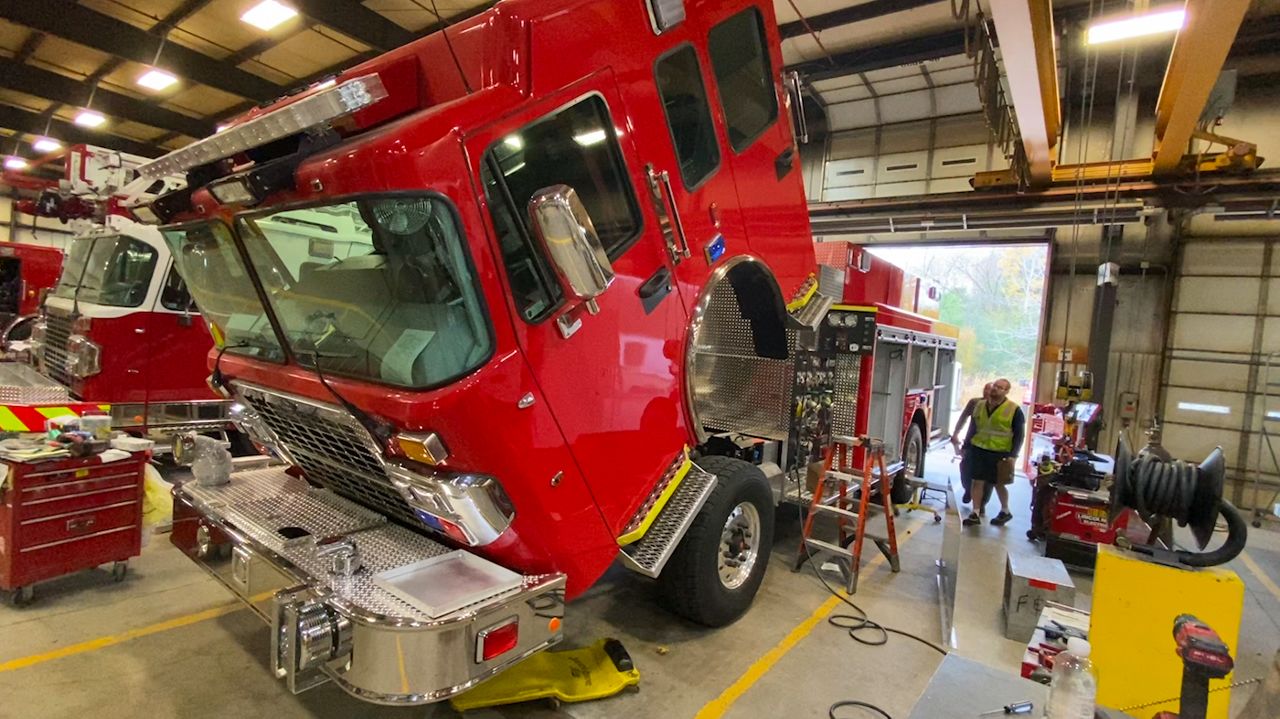 A firetruck undergoing work at Marion Body Works in Marion, Wisconsin.