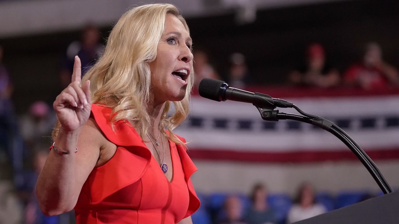 Rep. Marjorie Taylor Greene, R-Ga., speaks ahead of former President Donald Trump at a rally in Wilkes-Barre, Pa., Saturday, Sept. 3, 2022. (AP Photo/Mary Altaffer)