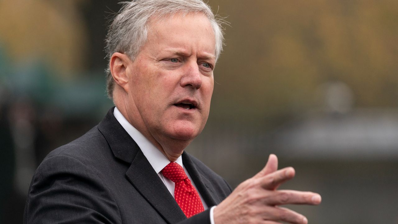 Then-White House chief of staff Mark Meadows speaks with reporters at the White House, Oct. 21, 2020, in Washington. (AP Photo/Alex Brandon, File)