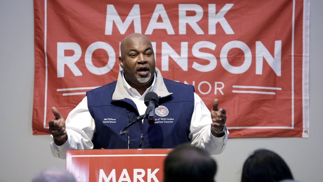 North Carolina Lt. Gov. Mark Robinson, a Republican candidate for North Carolina governor, speaks at a rally Friday, Jan. 26, 2024, in Roxboro, N.C. (AP Photo/Chris Seward)