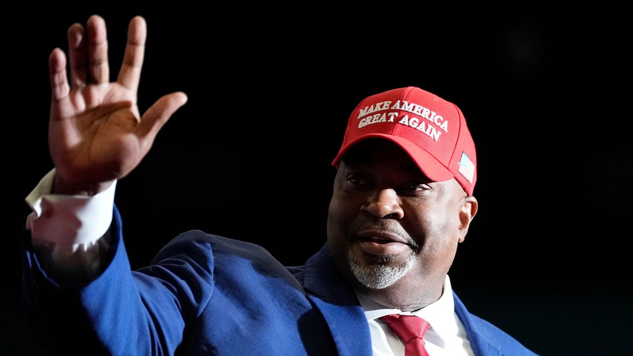 N.C. Lt. Gov. Mark Robinson speaks before Republican presidential candidate former President Donald Trump at a campaign rally Saturday, March 2, 2024, in Greensboro, N.C. (AP Photo/Chris Carlson)