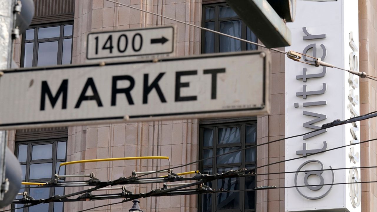 A Market Street sign is shown in front of Twitter headquarters in San Francisco, Friday, Oct. 28, 2022. (AP Photo/Jeff Chiu)