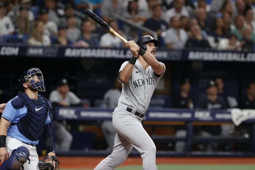 New York Yankees' Matt Carpenter watches his home run against the Tampa Bay Rays during the fourth inning of a baseball game Friday, May 27, 2022, in St. Petersburg, Fla. (AP Photo/Scott Audette)