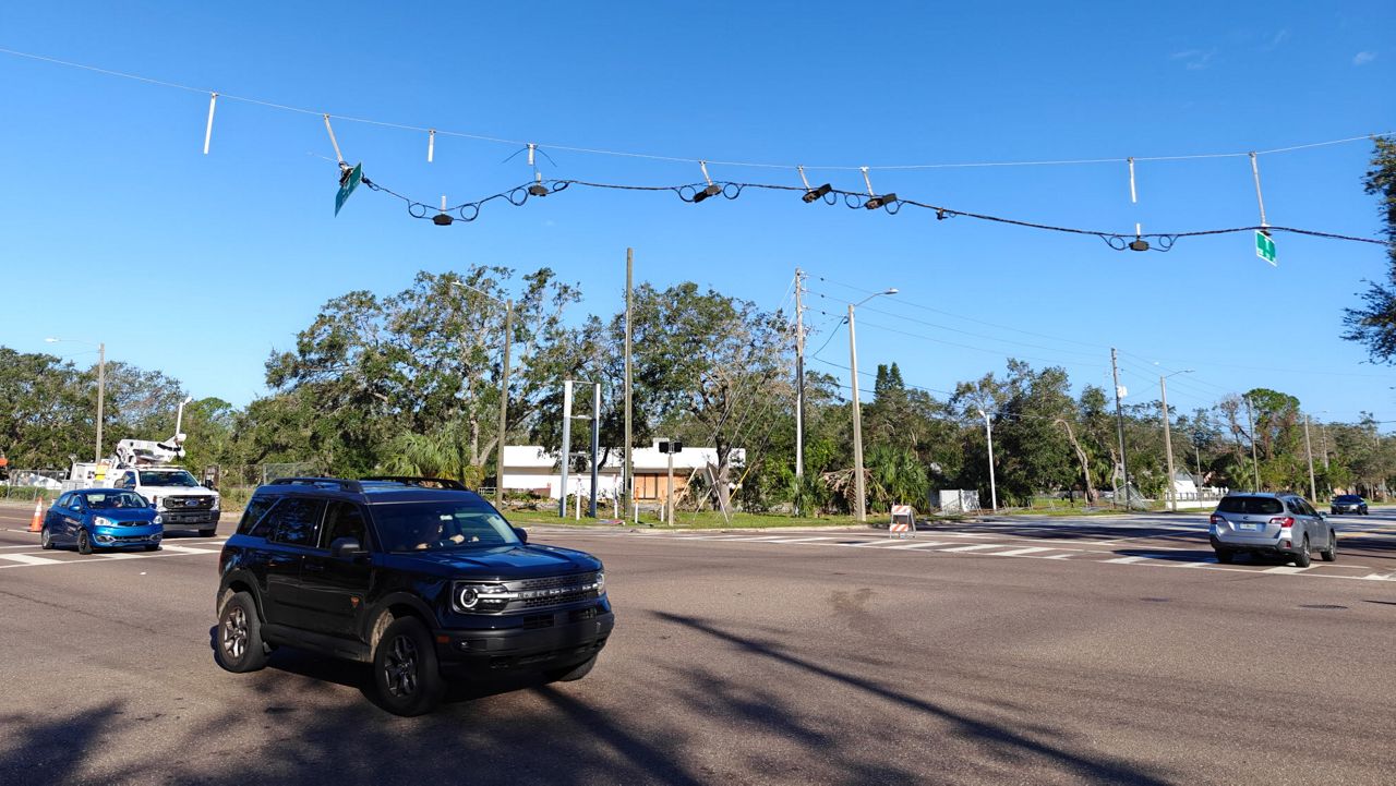 A picture from Pinellas County shows traffic lights on a span wire that didn't make it through the hurricanes last year. (Pinellas County) 
