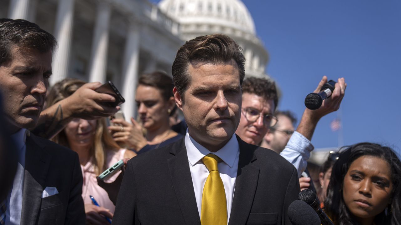 Rep. Matt Gaetz, R-Fla., one of House Speaker Kevin McCarthy's harshest critics, speaks to reporters on the steps of the Capitol in Washington, Monday, Oct. 2, 2023. (AP Photo/Mark Schiefelbein)