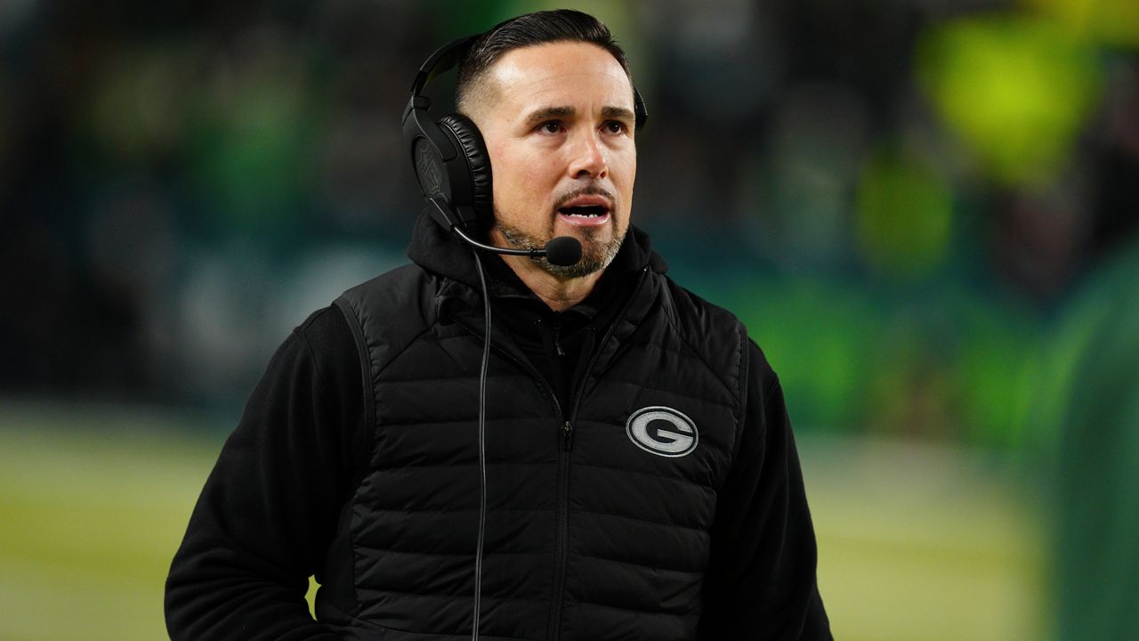 Green Bay Packers head coach Matt LaFleur talks during the second half of an NFL wild-card playoff football game against the Philadelphia Eagles