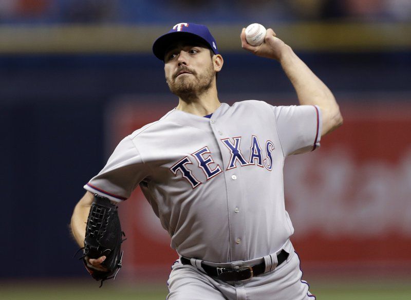 Texas Rangers’ Matt Moore pitches to the Tampa Bay Rays during the first inning of a baseball game Tuesday, April 17, 2018, in St. Petersburg, Fla. (AP Photo/Chris O’Meara)