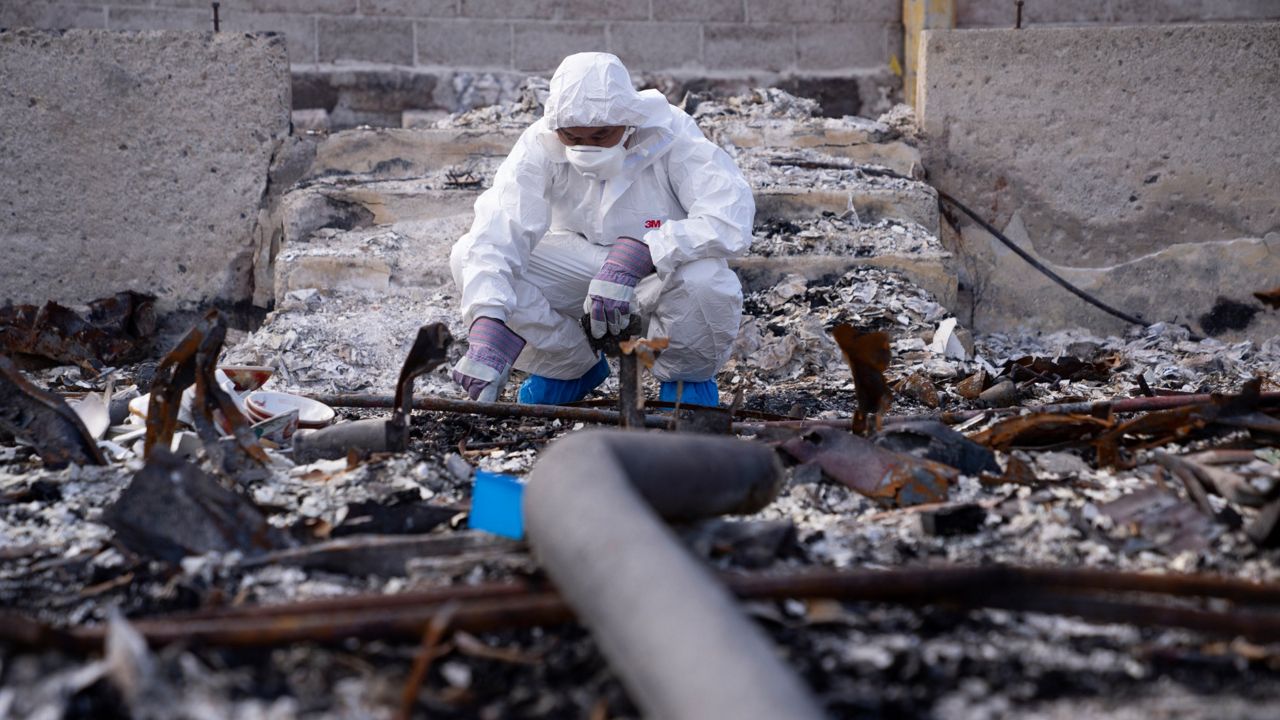 Rev. Ai Hironaka, resident minister of the Lahaina Hongwanji Mission, squats down to look at debris where the altar once stood in the grounds of his temple destroyed by wildfire, Dec. 7, 2023, in Lahaina, Hawaii. The mayor of the Hawaiian island of Maui said Thursday, Jan. 4, 2024, that a site selected to hold debris from last year's deadly wildfires that devastated the city of Lahaina will not store it permanently. (AP Photo/Lindsey Wasson)