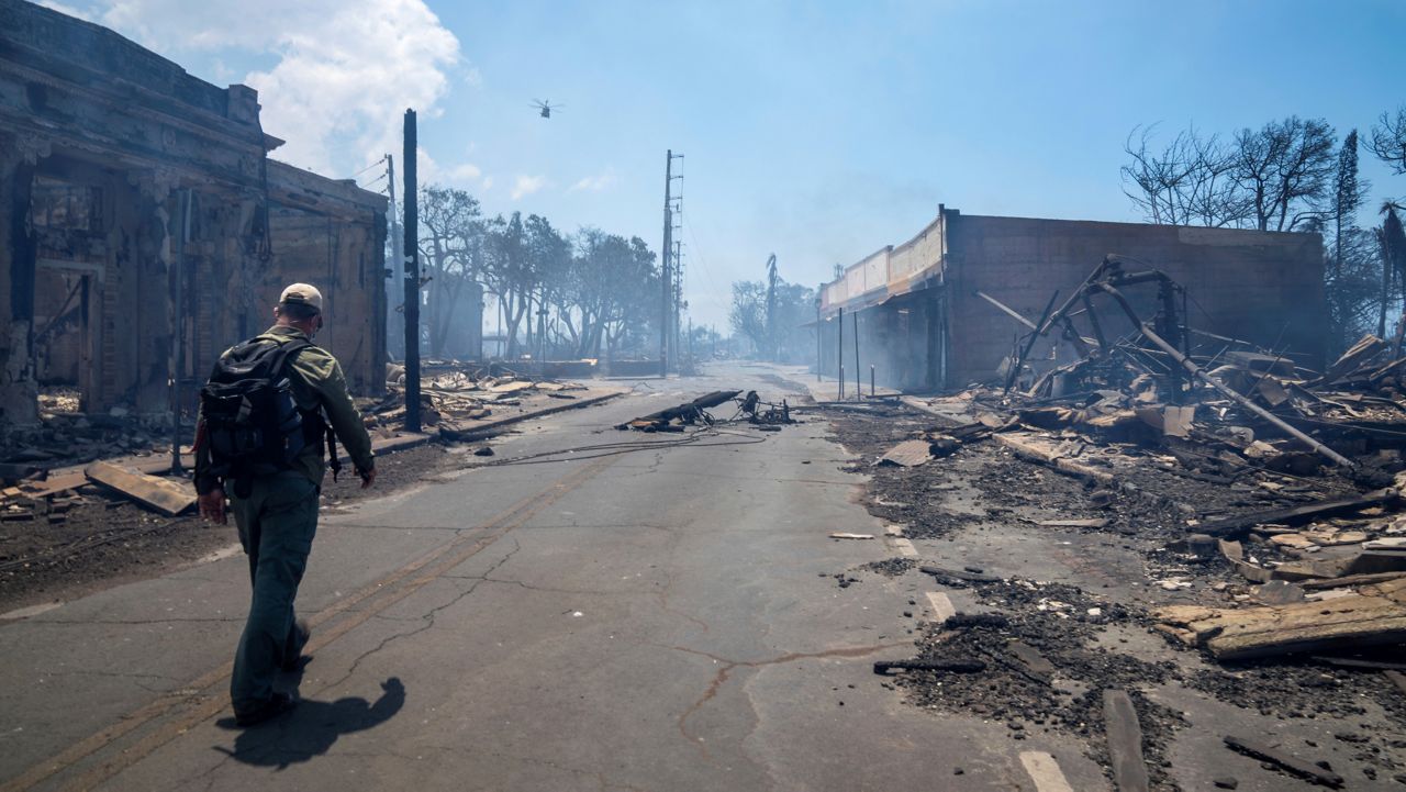 In this photo provided by Tiffany Kidder Winn, a man walks past wildfire wreckage on Wednesday, Aug. 9, 2023, in Lahaina, Hawaii.  (Tiffany Kidder Winn via AP)