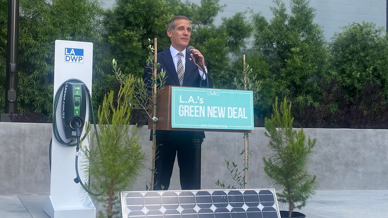 Los Angeles Mayor Eric Garcetti gave his third annual update on the city's Green New Deal Tuesday. (Spectrum News/Susan Carpenter)